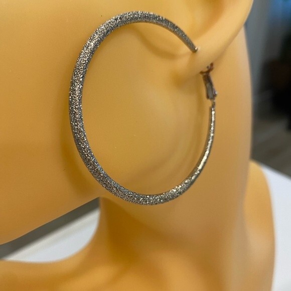 Silver Hoop Shimmer Earring’s 2” diameter Spring back closure - Picture 5 of 9
